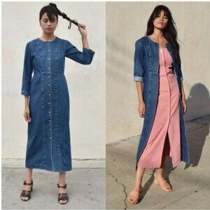 Ilana Kohn Button Down Blue Cotton Denim Dress 3/4 Sleeve Rose MidiMaxi Duster 8